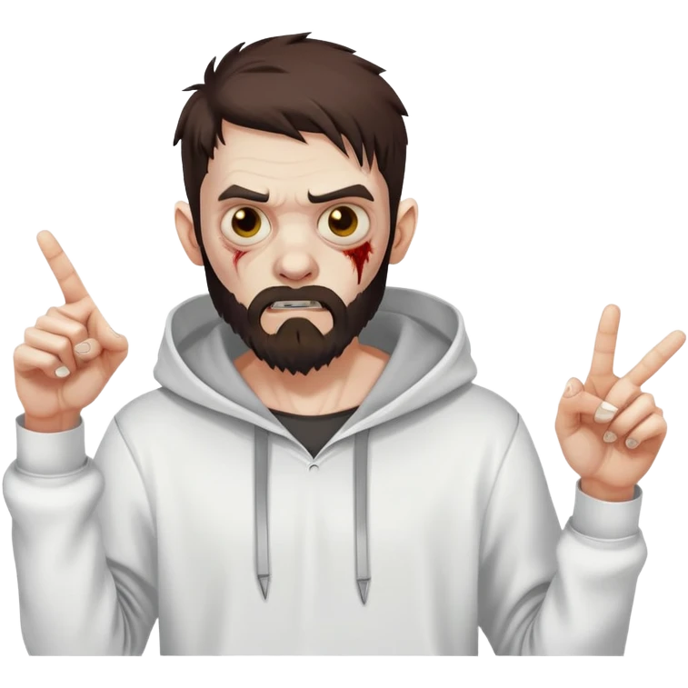 zombie pointing finger, undercut hairstyle with dark brown hair, short full beard, wearing plain white hoodie emoji