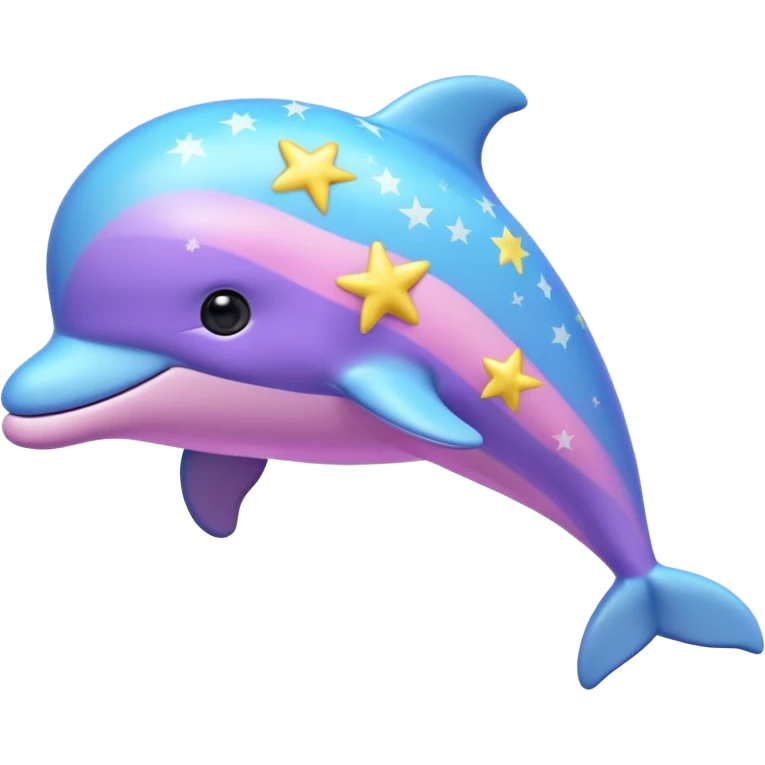 Yellow, purple, blue and pink streaked stuffed toy Dolphin with silver stars on it emoji