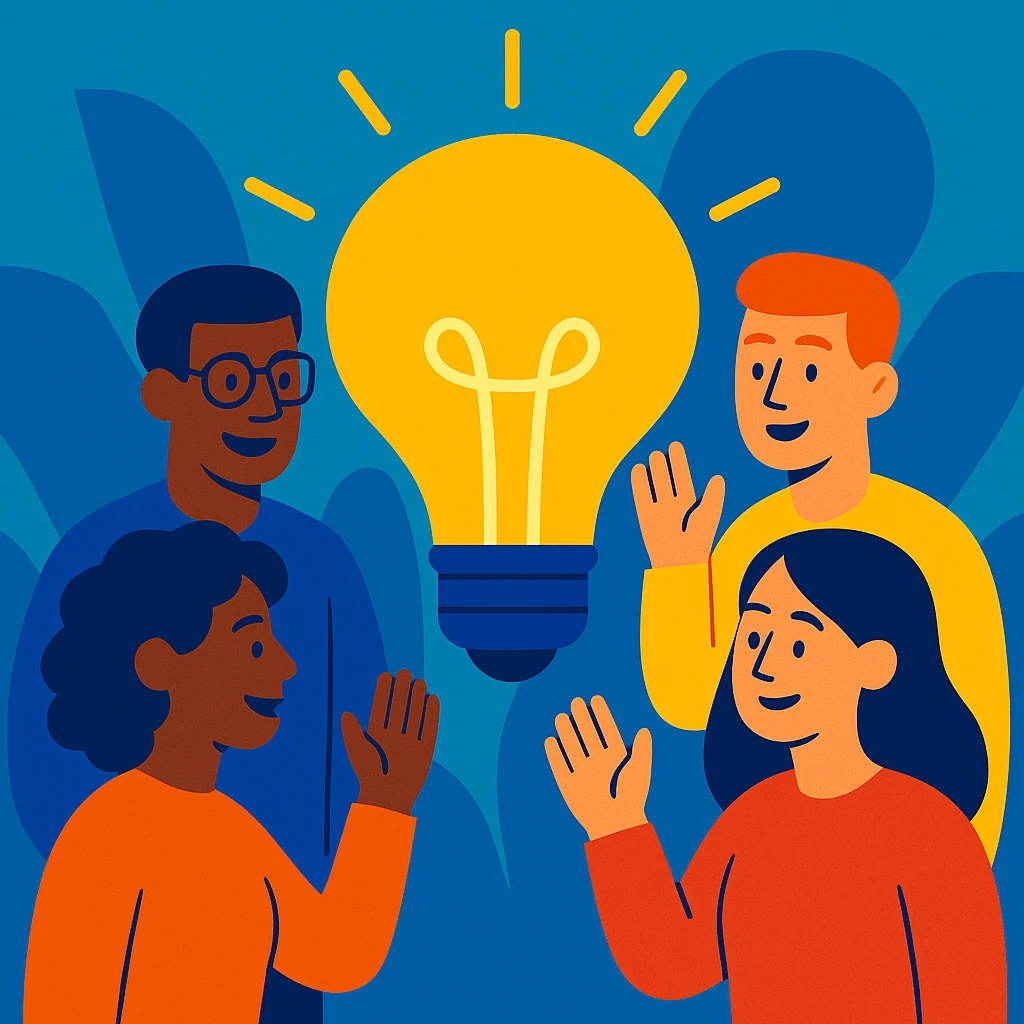 group of diverse people around a glowing lightbulb representing shared knowledge and teamwork emoji