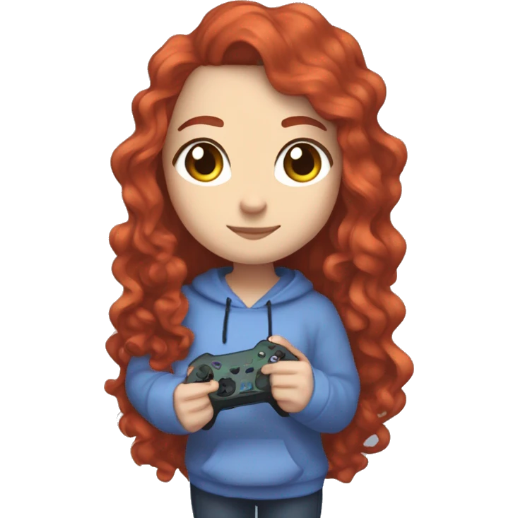 a white girl with long red curly hair, wearing periwinkle Minecraft hoodie holding a controller emoji