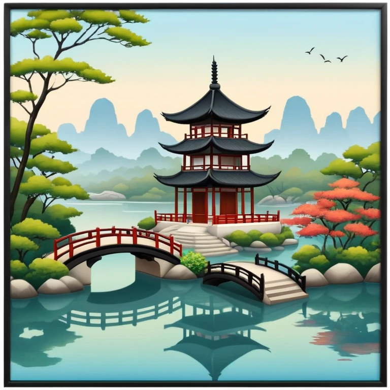 Chinese garden with pagoda and calm water emoji