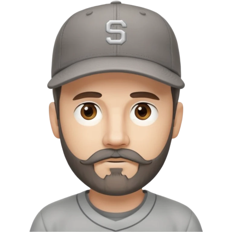 white male with dark brown goatee beard and moustache with grey tones wearing a grey baseball cap back to front with hazel eyes emoji