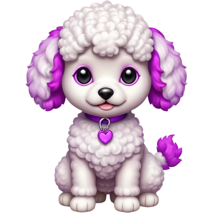 Two white toy poodle–style dogs, fluffy curly fur, round faces, black button eyes, pink and purple dyed ears and paws (magenta/violet tips). One standing upright, one sitting. Cute, plush, emoji style. emoji