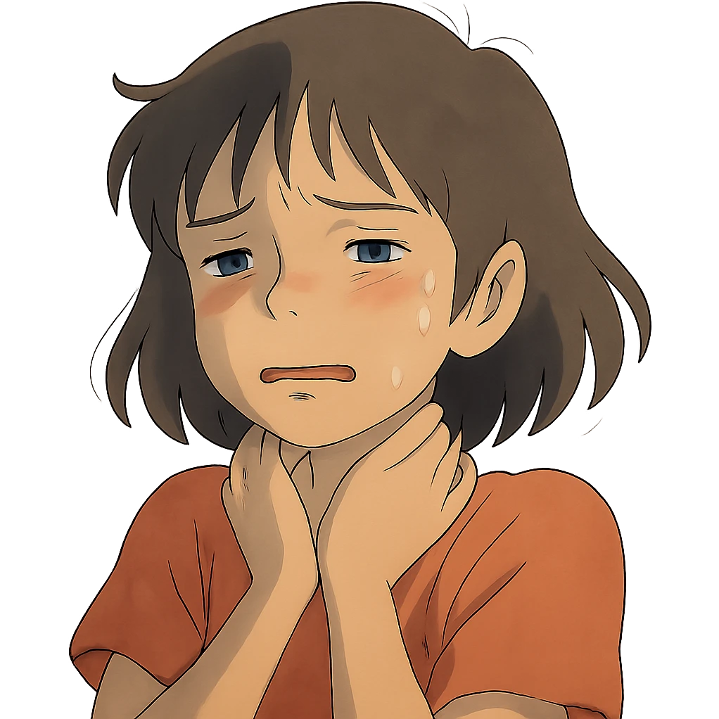 ghibli style girl with a pained expression, hands gently at her neck, soft lighting, emotional focus emoji