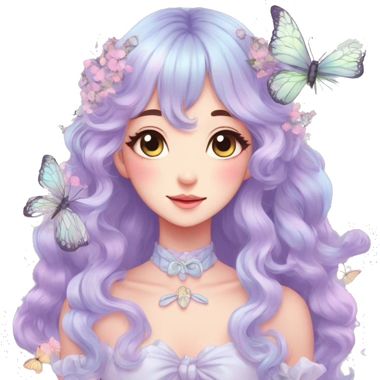 gorgeous anime pastel lady with butterflies and beautiful hair fairycore cottagecore emoji