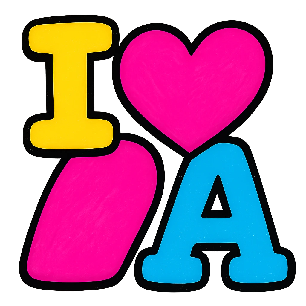 huge 'I ❤️ A' text, playful colorful style, heart as main focus emoji