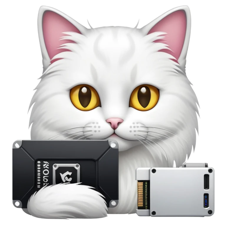 A cat with in the hands pc gpu 4060 white and a Tung Tung Tung sahur  emoji