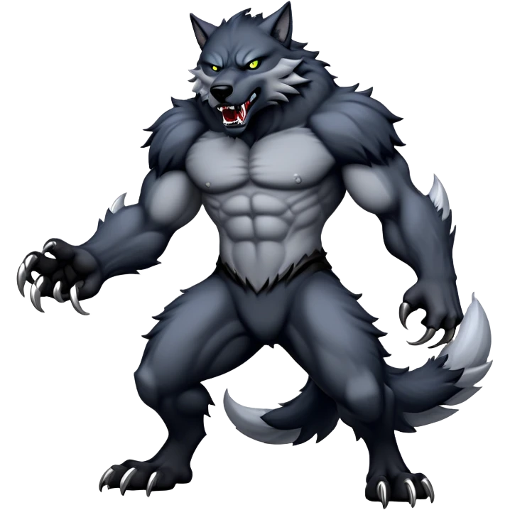 cinematic-noble-fierce-werewolf-full-body-emoji, poised-and-imposing, with a tall, lean, and muscular wolfish frame inspired by the brutal, imposing shape of the beast from Berserk, fur rippling in shades of midnight black and silver, massive paws with razor-sharp claws, elongated limbs and fangs, eyes glowing with an intense, primal ferocity, reflecting the untamed power of the wild moonlit night; rendered with realism emoji