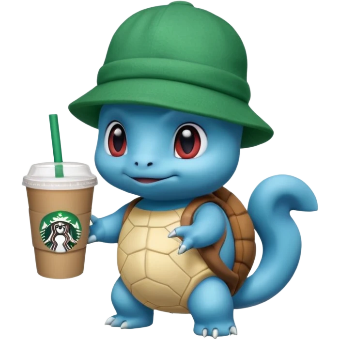 Squirtle with a Starbucks cup and a green hat emoji