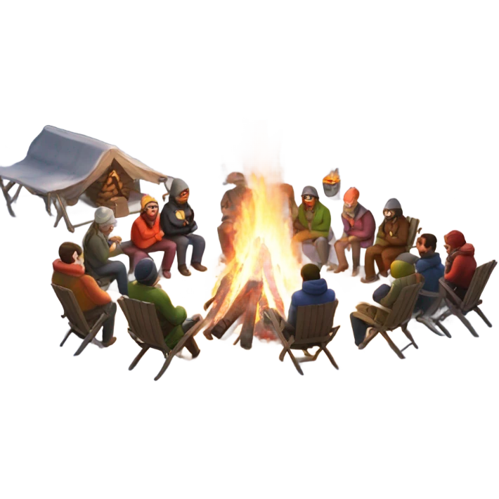Outdoor winter party with a huge bonfire emoji