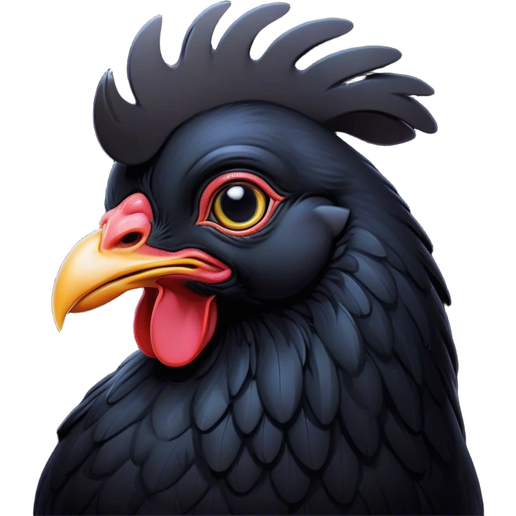 Cinematic Noble Black Chicken Portrait Emoji, Poised and regal, with a compact, sturdy build and a glossy, well-groomed pure black plumage, deep-set soulful beady eyes, Simplified yet sharp and sophisticated features, highly detailed, glowing with a soft, dignified glow, high shine, intelligent and alert, stylized with an air of mysterious elegance, focused and attentive, soft glowing outline, capturing the essence of a watchful and confident fowl, so majestic it feels as though it could strut out of the screen with effortless authority! emoji