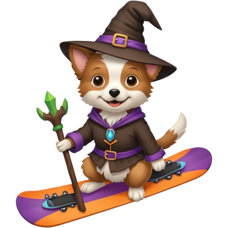 Dog with a snowboard in a witch costum emoji