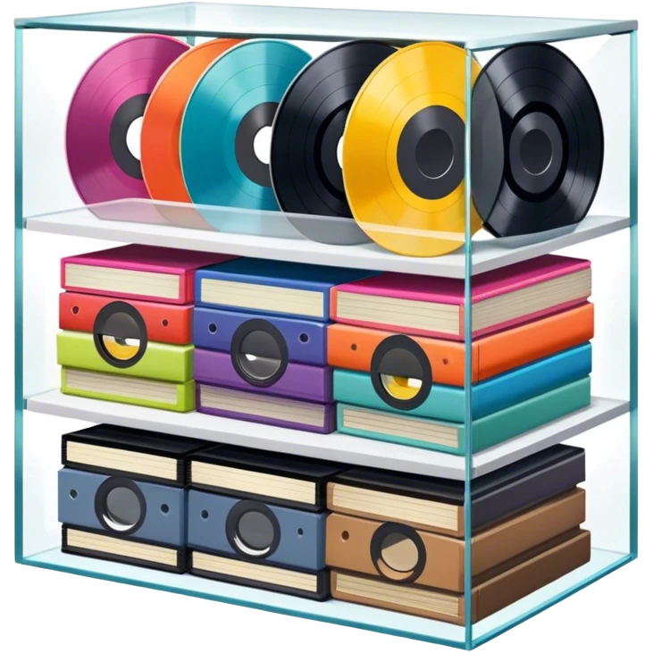 Icon for Vinyl Record Collecting: a shelf filled with a colorful assortment of vinyl records neatly stacked. The icon should evoke the love for collecting diverse vinyl records without including a record player. Transparent background. emoji