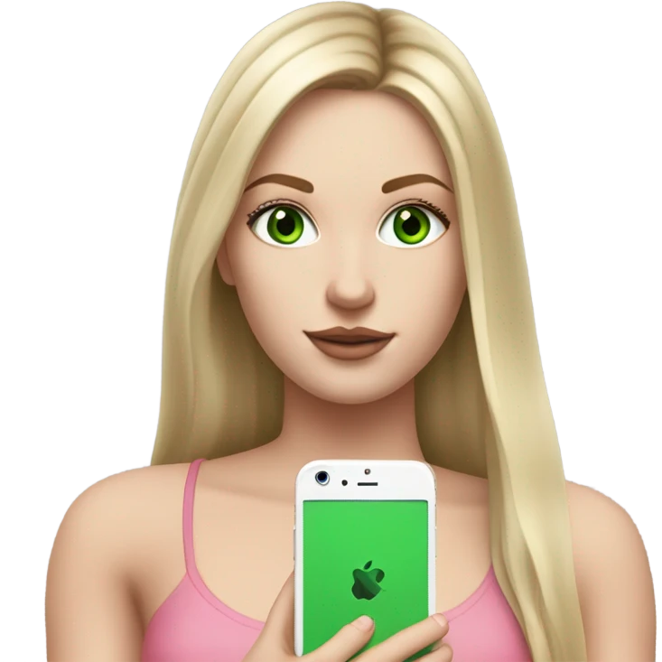Realistic White girl with Long straight blonde hair, green eyes, tattoos, full body wearing white crop top, holding pink iphone emoji