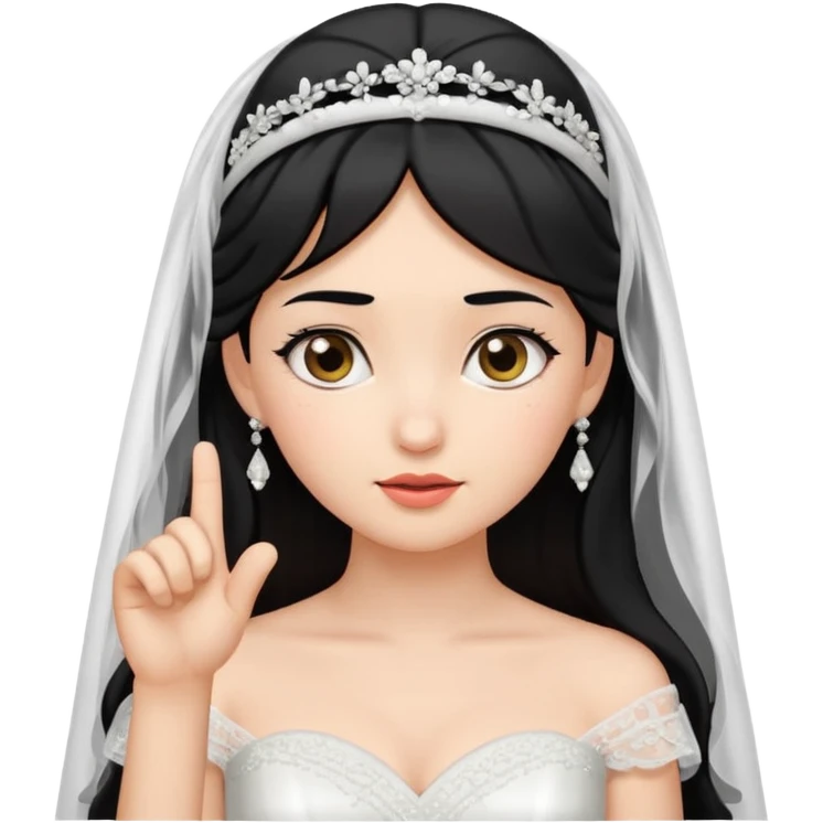 Black-haired bride in a white wedding dress and veil, curious expression, pointing to her head with her index finger, cute emoji style. emoji