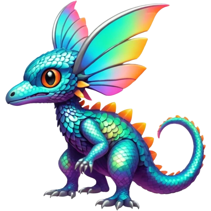 futuristic lush warm-colored iridescent whitish silvery scaley neon-colored Fakémon-Trico-creature (full body) emoji