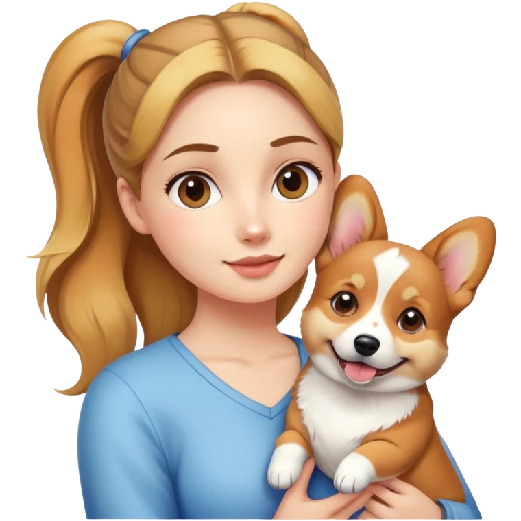 A girl with a ponytail holding a corgi emoji