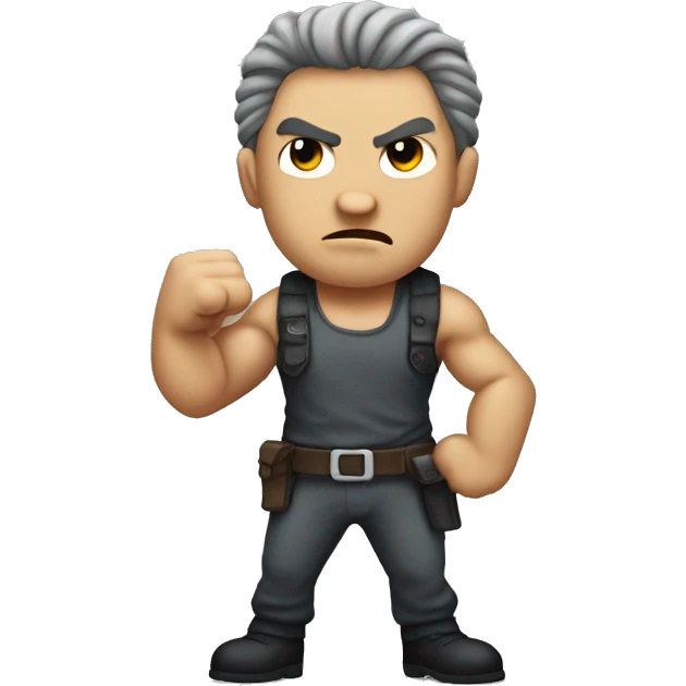 create an evil Looking standing rambo Holding his fist forward emoji