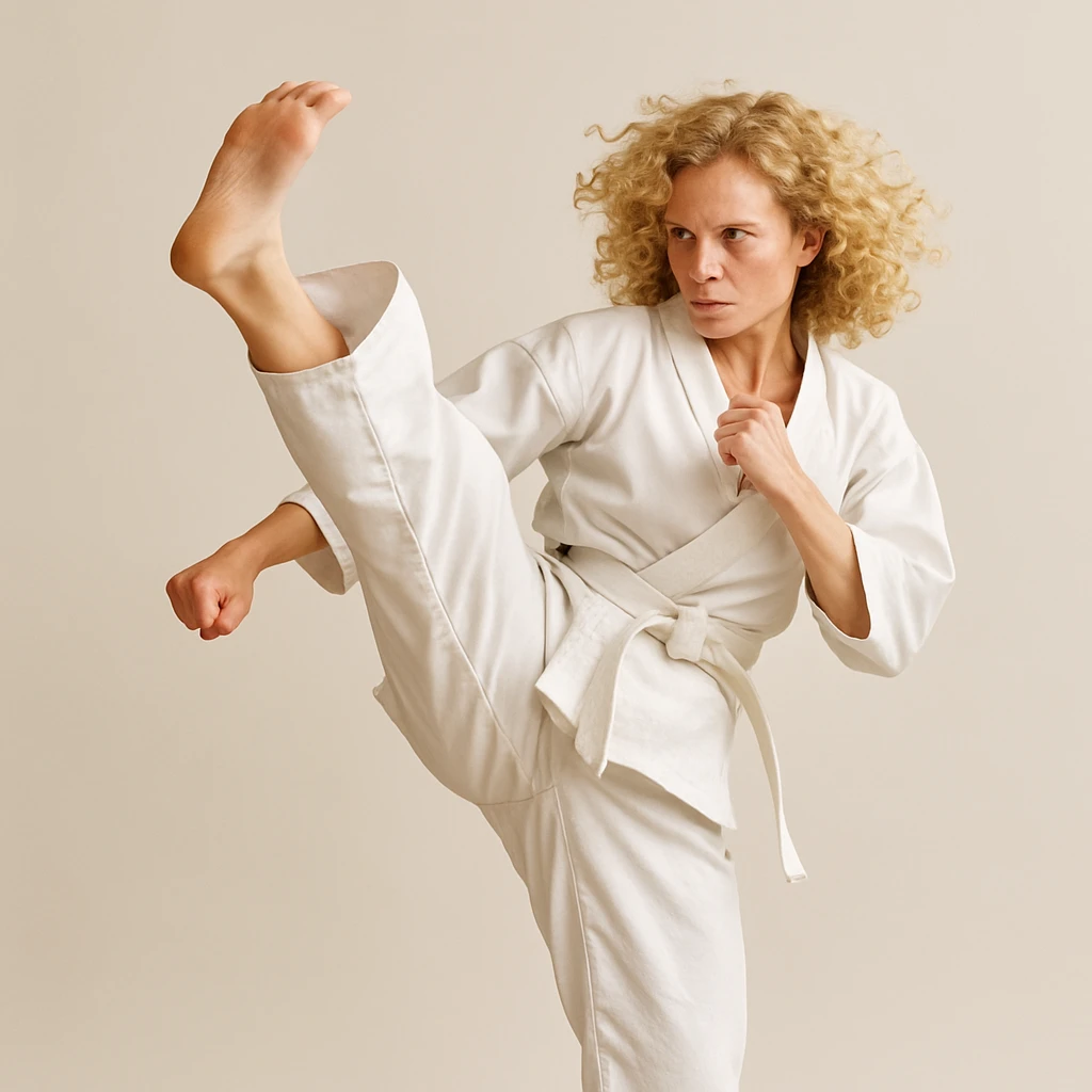 blonde curly haired woman performing a high karate kick, action pose, focused face, minimal background emoji