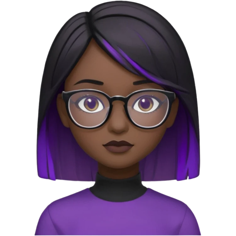 chica bonita con ligero cabello negro con rayas moradas que llega hasta los hombros con lentes cuadrados de estatura pequeña con ropa negra con otro estilo de cabello emoji