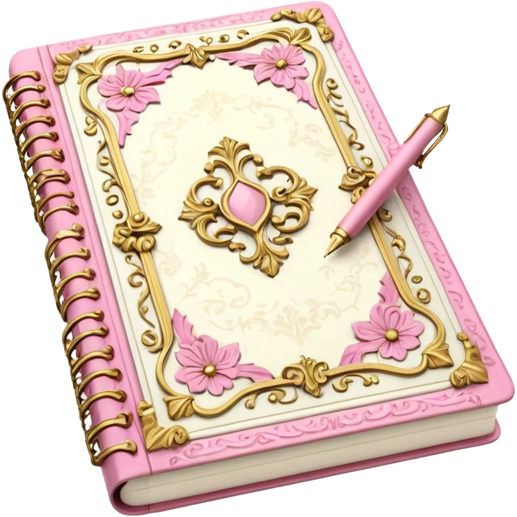 Notebook rococo style, gold and pink and white. angled view. with pen emoji