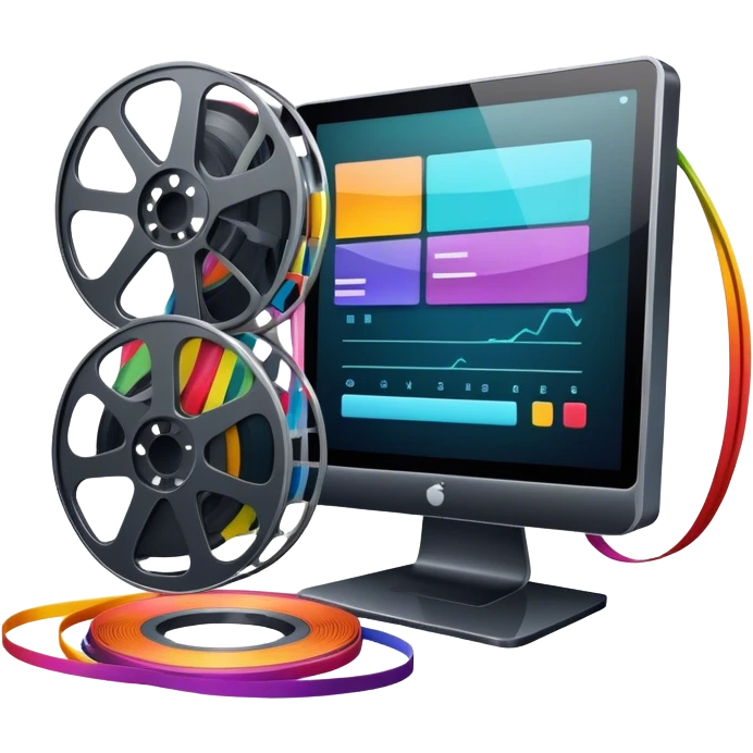 Create a vibrant and modern icon representing Animation and Motion Design, featuring elements like a film reel, a computer screen, dynamic motion lines, and a cinematographic film strip on an editing table. The design should be colorful, and dynamic, without any emojis. The background's transparent. emoji