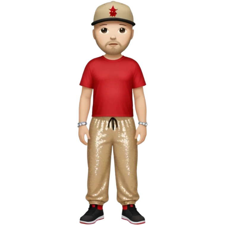 Fred Durst with dark blonde hair, red sequin crop top, beige sequin baggy pants emoji