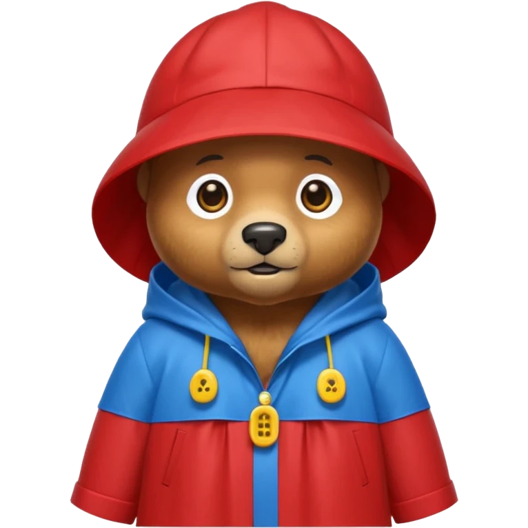 A bear in a red rain hat and a blue raincoat with yellow buttons down the middle emoji