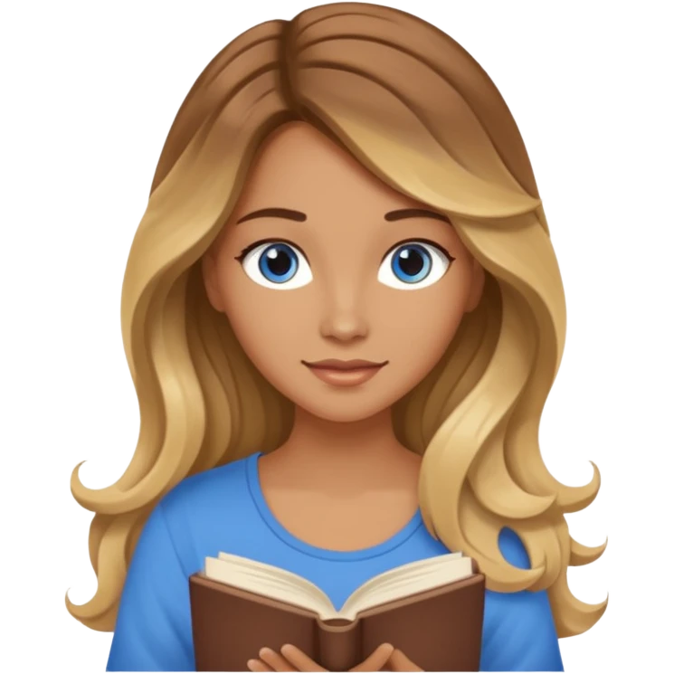 pretty female with long wavy brown hair with blonde highlights and blue eyes  in a relaxed position reading the book 'Rebecca' emoji