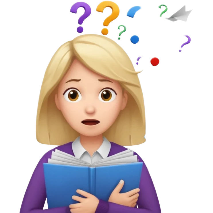 A kindergardenteacher with an overwhelmed expression, surrounded by flying papers and three question marks. emoji