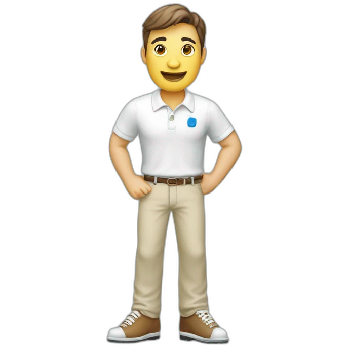 Un porcelanato calacata con manos, boca y zapatos, con la palabras quizud en su polo de color emoji