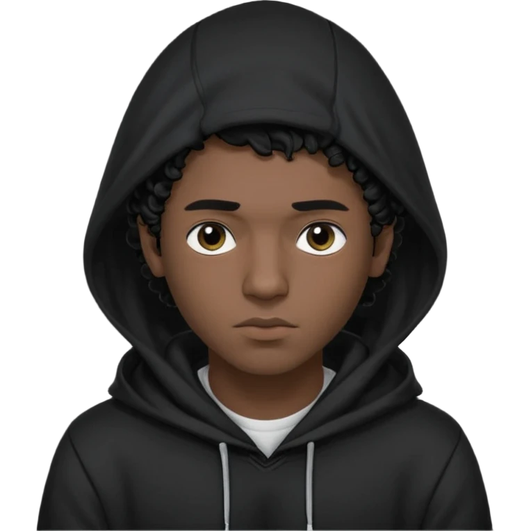 Emoji with guy with curly black hair and short quiff hairstyle, he is looking similar to music artist Central Cee, wear black t-shirt and black hoodie with hood pulled on his head. Looking straight at us, without deforming his face emoji
