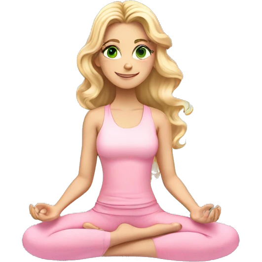 blonde long curled hair and green eyes yoga beautiful girl in light pink pink pink clothes sitting on a yoga mat emoji