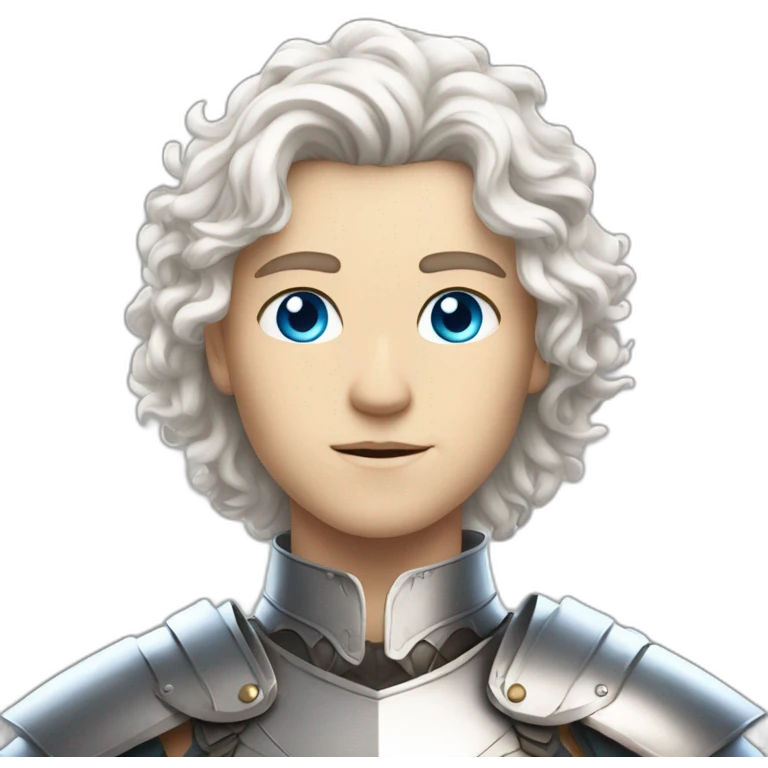 white androgynous guy white long curly hair armor blue eyes emoji