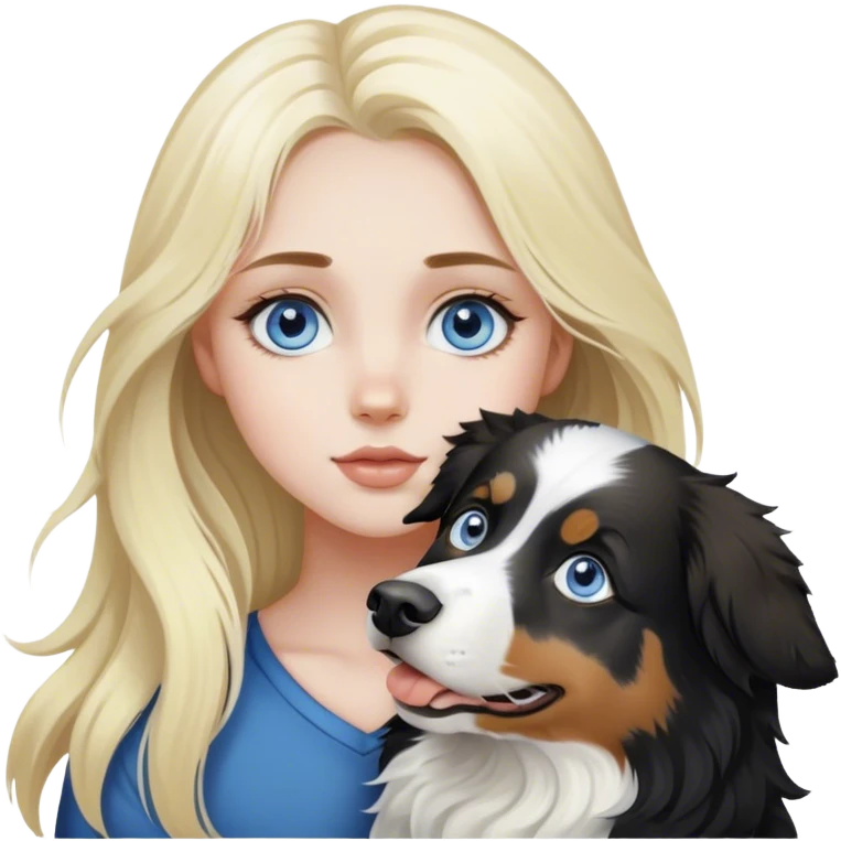 pale girl with blue eyes and long blonde hair and black white Australian shepherd. emoji