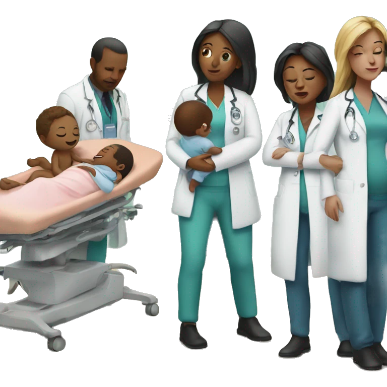a woman gives birth and doctors stand nearby emoji