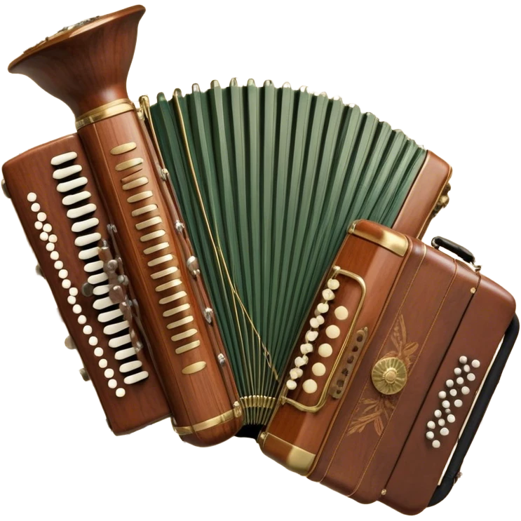 Create a colorful and cultural humanless emoji representing folk singing. The design should feature a collage of traditional folk instruments, such as a wooden flute (dudka), a button accordion (harmon), a set of gusli, and a tambourine (buben), all arranged in a harmonious, flowing design around a vintage microphone. The instruments should have earthy, natural tones like wood browns, brass accents, and vibrant colors reflecting their folk origins. Add subtle musical notes to tie the elements together, symbolizing the power of folk music. The background should be transparent. emoji