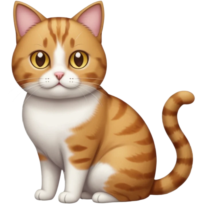 full body torbie and white cat with small head, hazel eyes, and short but chubby body emoji