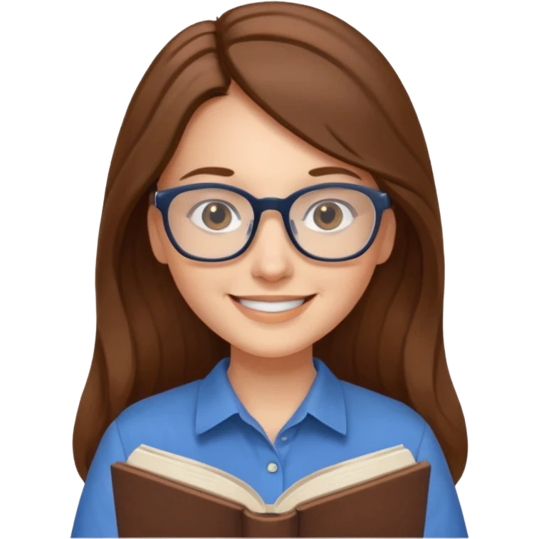 Women with long brown hair smiling, the lady wear glasses and a blue shirt reflecting harmony and peace. En her hands have a open book  emoji