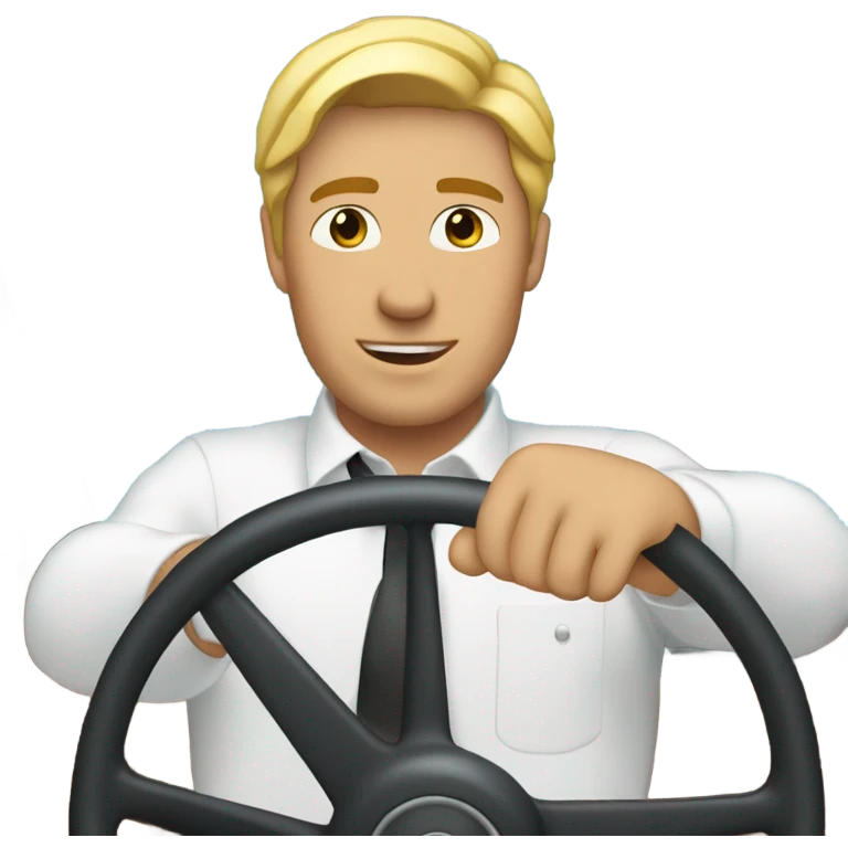 blond man with white button-down shirt behind a steering wheel emoji