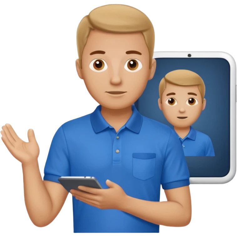 a whiteman wearing a blue polo shirt making a slideshow presentation emoji