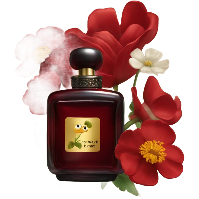 Dark red sophisticated perfume bottle with red buttercups and a silk scarf emoji