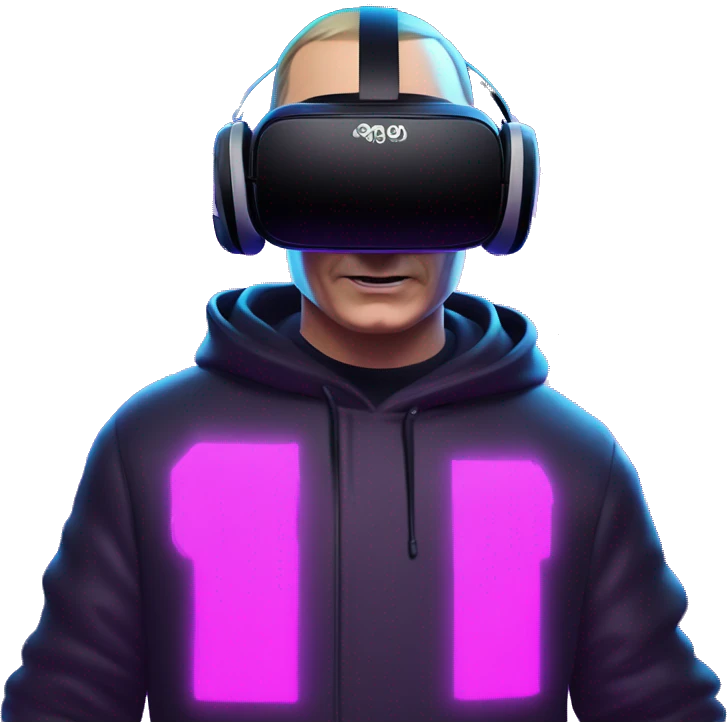 Vladimir Putin wearing a black hoodie with "OMG" letters on it and VR headset oculus quest 2 in a cyberpunk VR environment with violet neon lighting. emoji