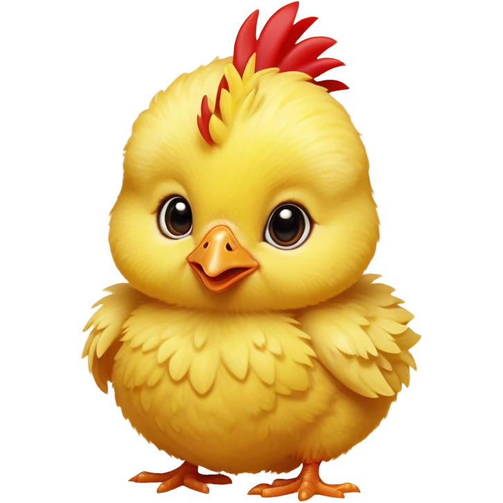 Cinematic Cute Yellow Baby Chicken Portrait Emoji, Head tilted playfully and inquisitively, featuring a fluffy, vibrant yellow downy coat with a tiny red comb, round, sparkling beady eyes filled with curiosity, Simplified yet irresistibly adorable features, highly detailed, glowing with a warm, friendly glow, high shine, affectionate and lively, stylized with a touch of playful whimsy, bright and endearing, soft glowing outline, capturing the essence of a mischievous yet loving chick, so playful it feels like it could peep out of the screen and into your arms! emoji