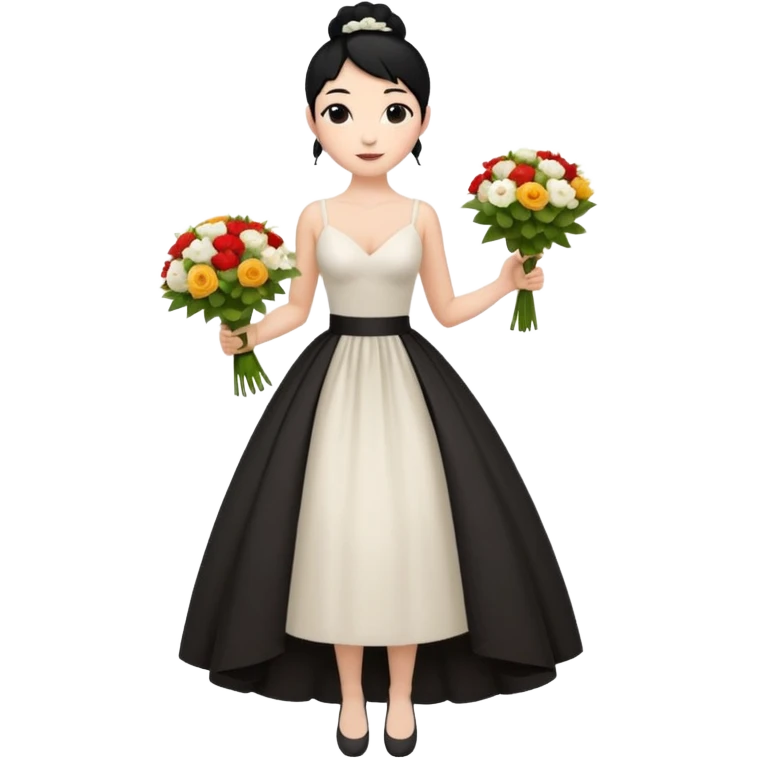 Chica blanca,cuerpo entero, vestido boda asimétrico tirantes , pelo negro,    ramo de flores una mano, pelo recogido en moño alto emoji