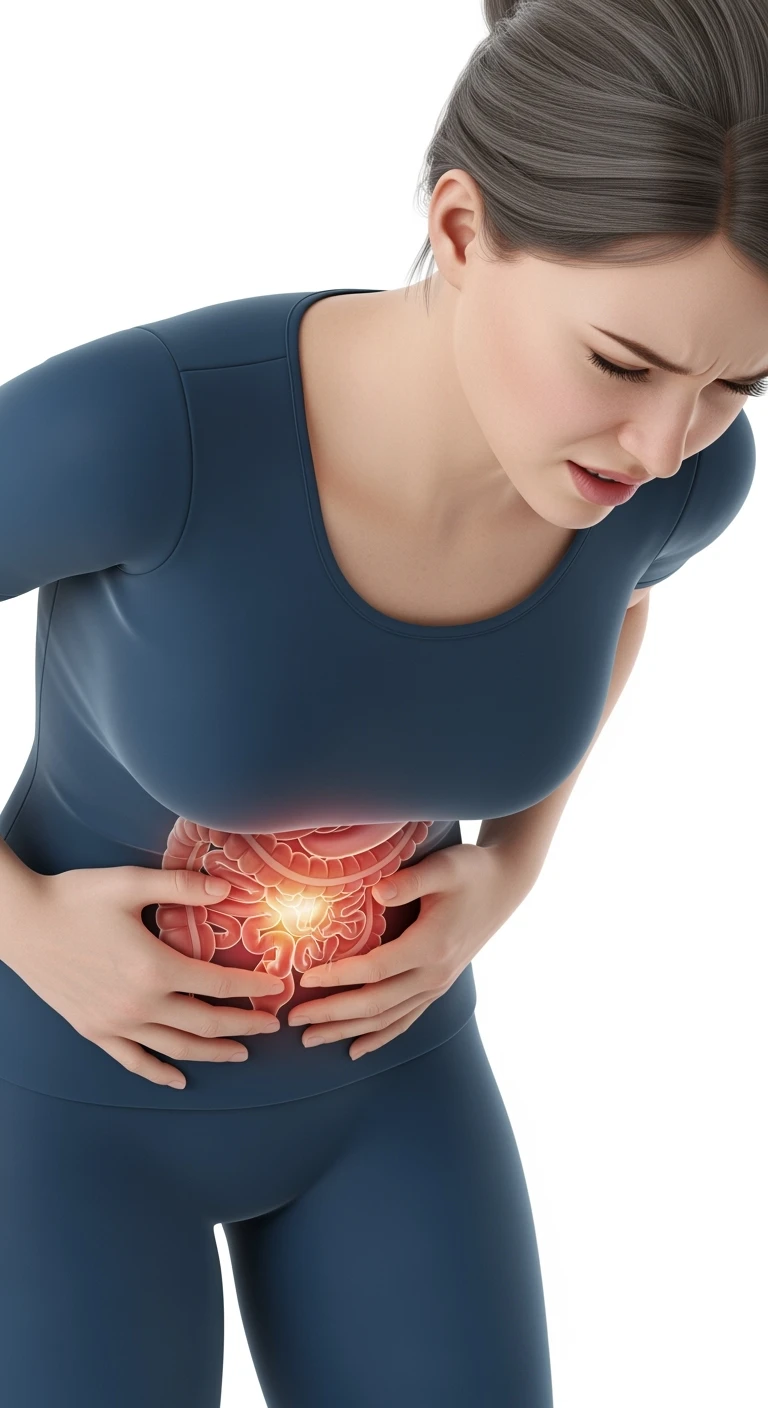 donna piegata in avanti frontalmente con mal di pancia, espressione di dolore in volto in primo piano e intestino anatomico in evidenza, iperrealistico 4k, sfondo bianco emoji