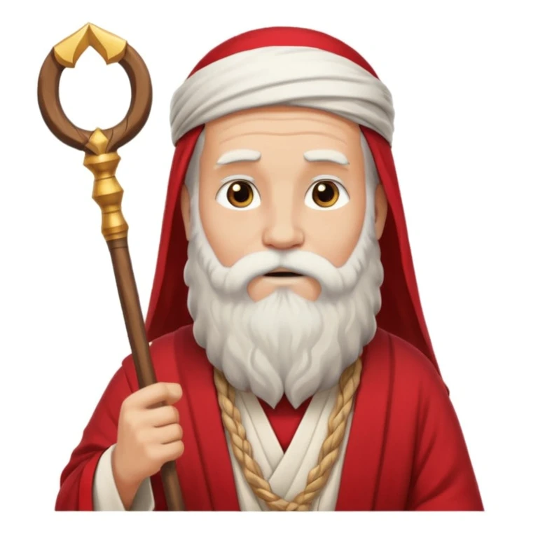 Moses holding his staff upright, flowing beard, traditional attire, parted Red Sea in background, emoji style emoji