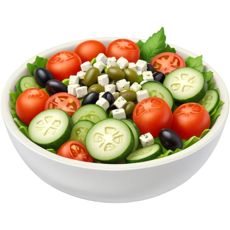 mediterranean salad bowl object icon, tomatoes, cucumbers, olives, feta cheese, olive oil dressing, 3D cartoon, mobile game icon style, clean background, no text, no watermark
 emoji