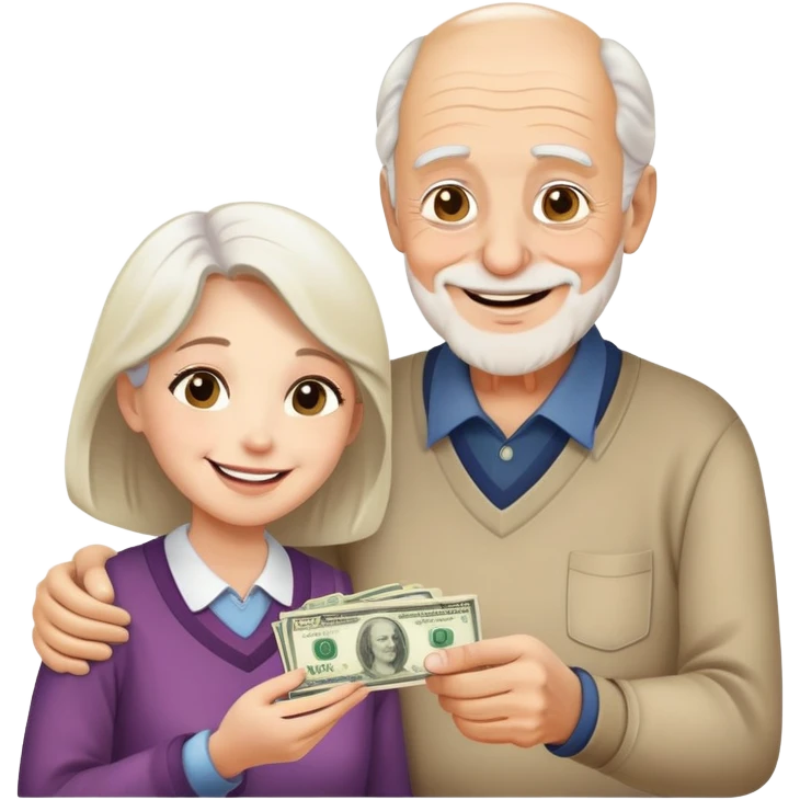 Kind elderly grandfather giving money to young adult woman who needs financial help, supportive family moment emoji
