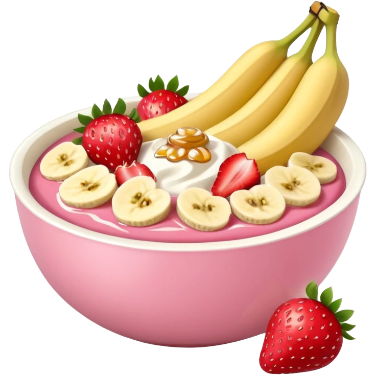 rose colour yougurt bowl with sliced fruits like strawberries and bananas, and some oat on the top and some honey emoji